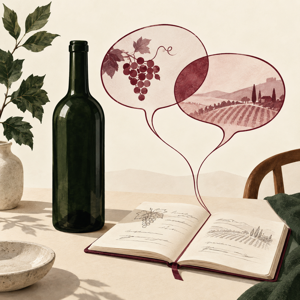 Wine bottle and notebook connected by fine lines to two speech bubbles.