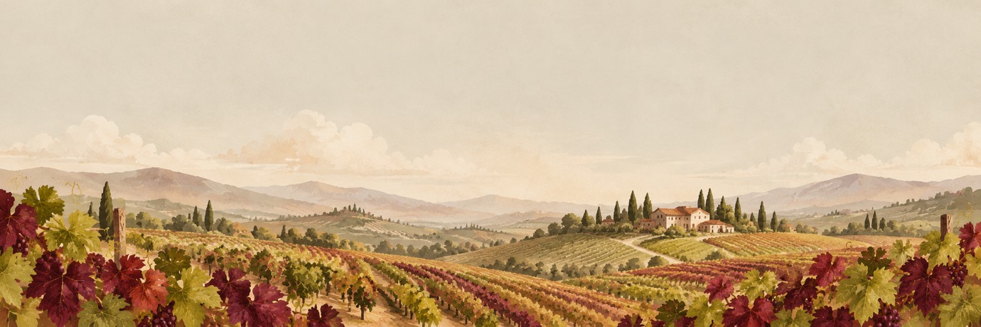 Herbstliche Weinberge in warmen Burgunder- und Olivtönen.