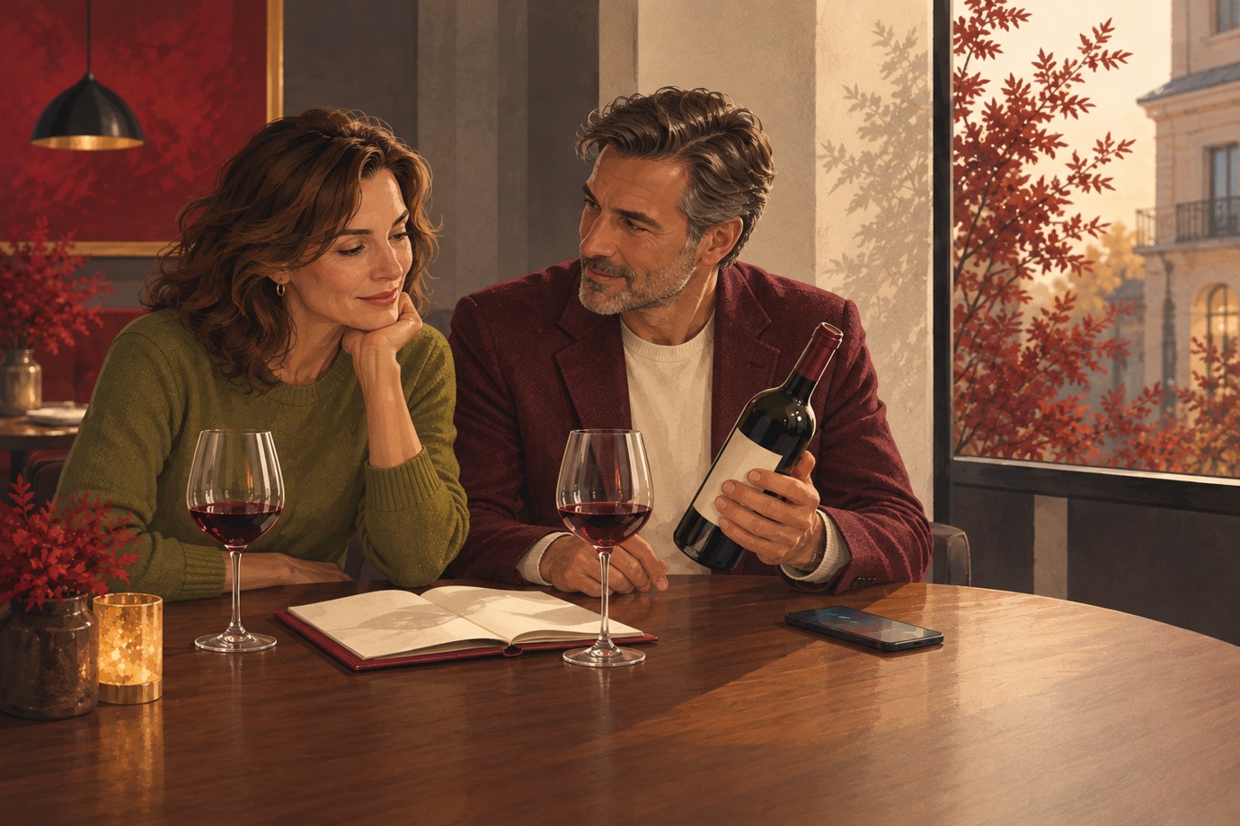 Zwei Erwachsene entdecken gemeinsam Wein an einem Tisch.